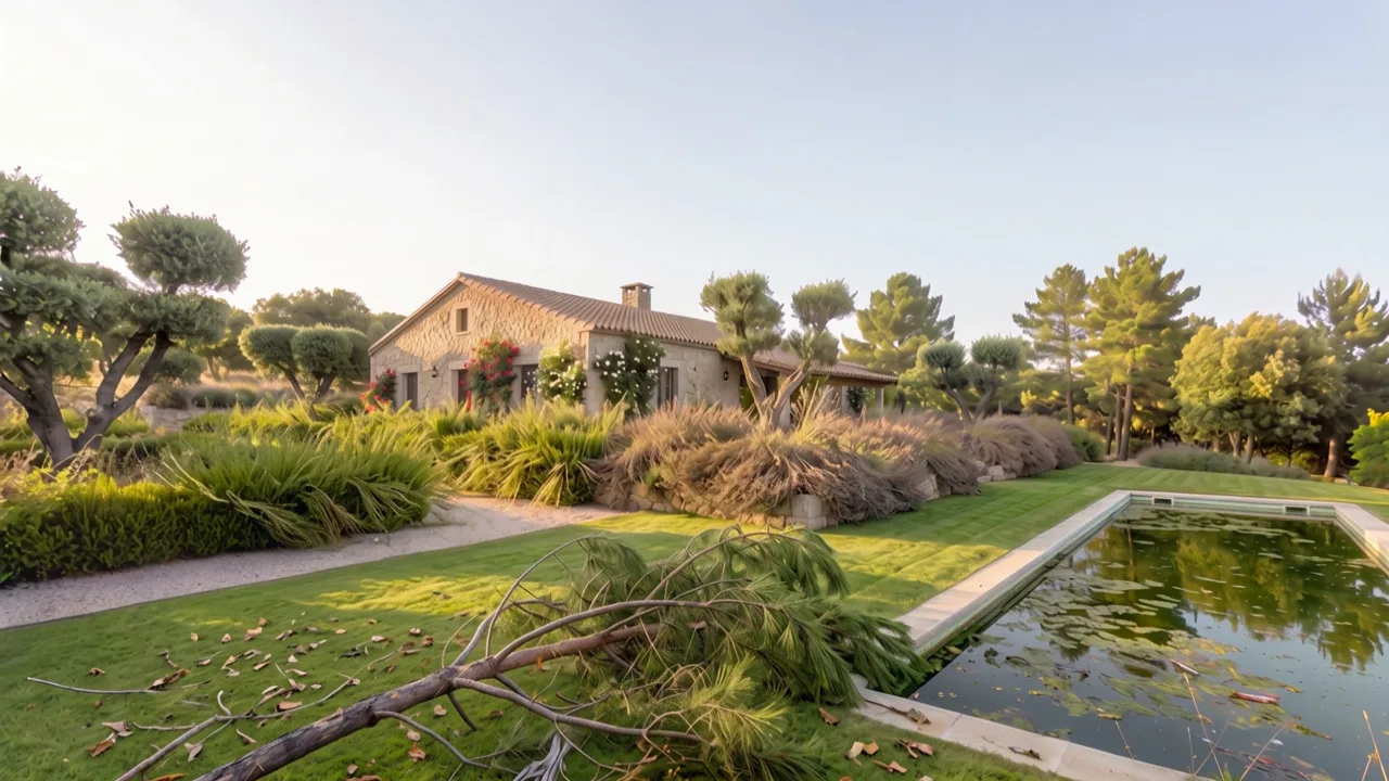 Jardín con el césped desbrozado y limpio de maleza