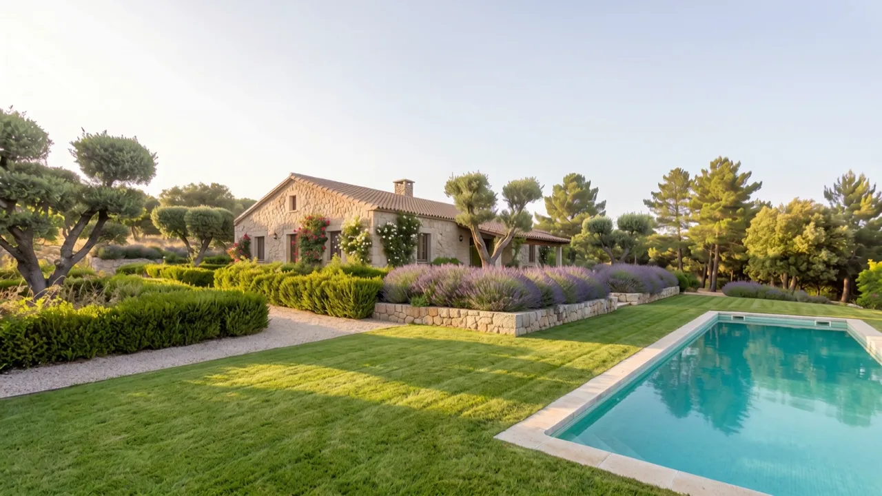 Jardín terminado con césped, setos, lavanda y caminos junto a una casa de piedra